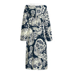 White Floral Sugar Skull Pattern Print Hooded Bathrobe