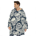 White Floral Sugar Skull Pattern Print Hoodie Blanket