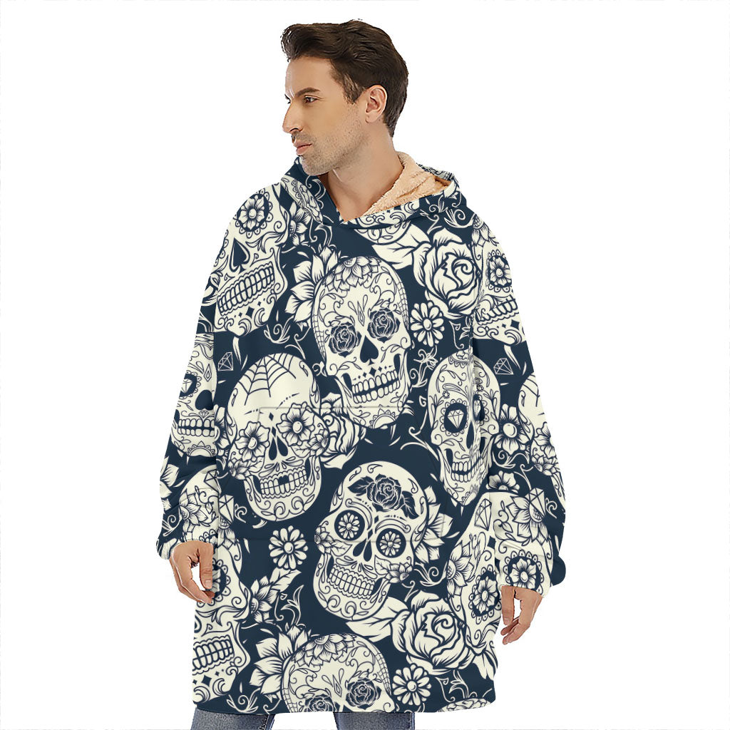 White Floral Sugar Skull Pattern Print Hoodie Blanket