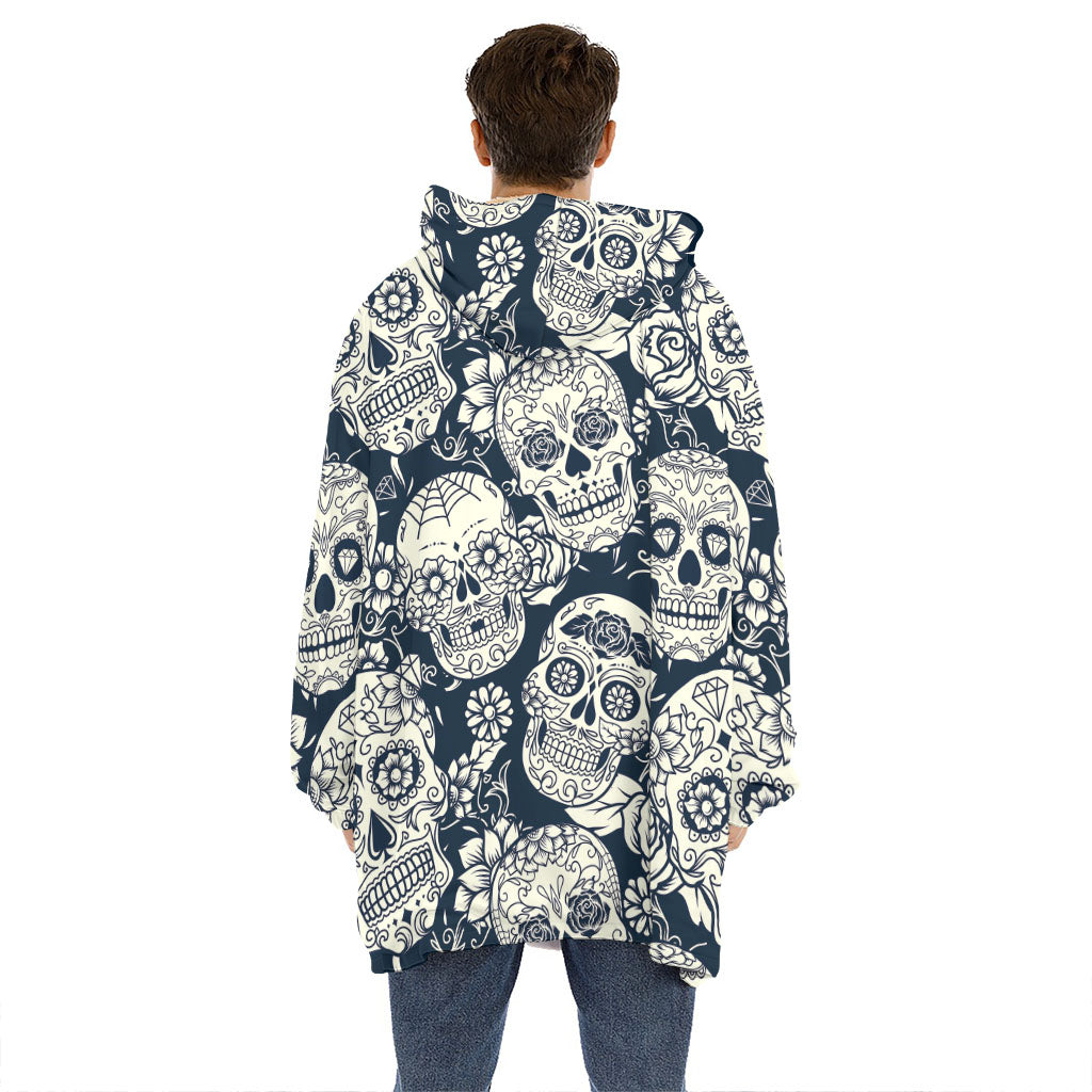 White Floral Sugar Skull Pattern Print Hoodie Blanket
