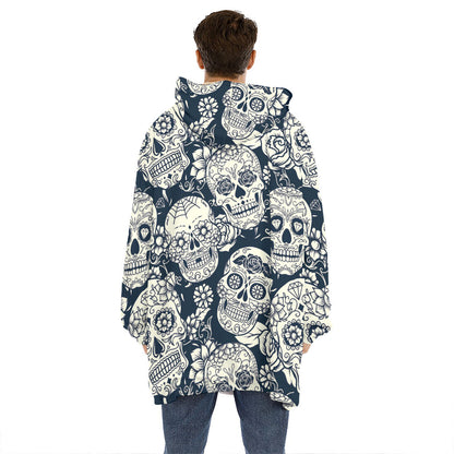 White Floral Sugar Skull Pattern Print Hoodie Blanket