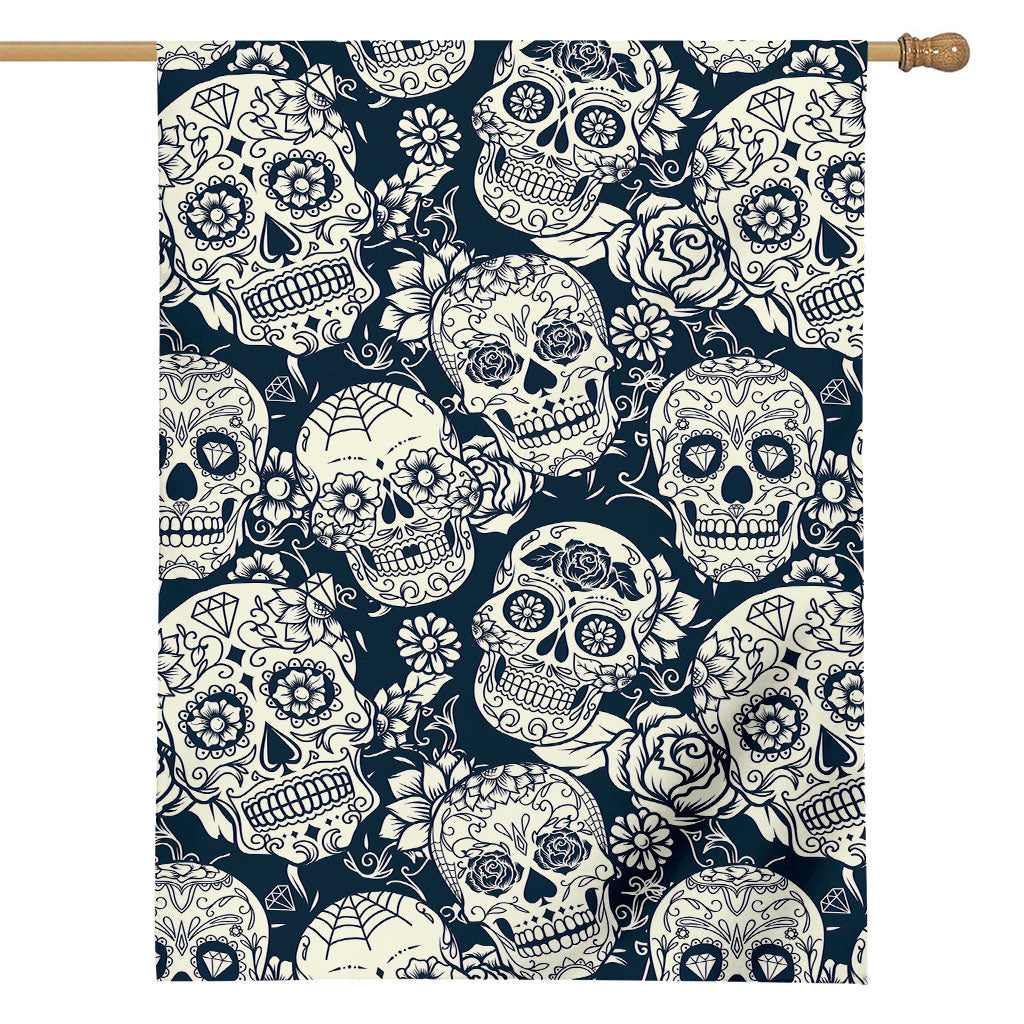 White Floral Sugar Skull Pattern Print House Flag
