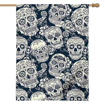 White Floral Sugar Skull Pattern Print House Flag