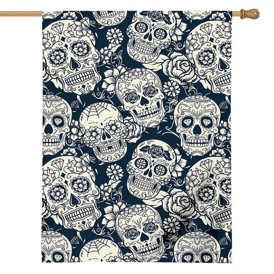 White Floral Sugar Skull Pattern Print House Flag