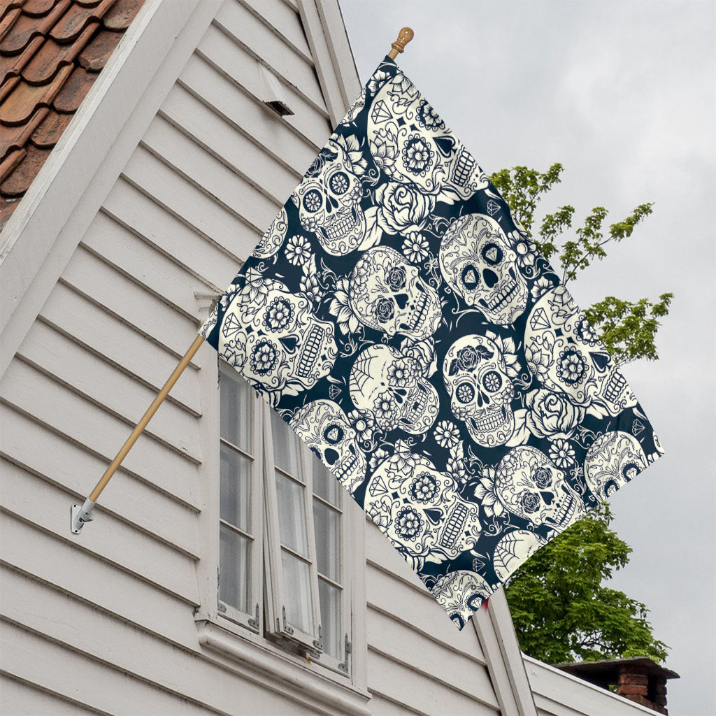 White Floral Sugar Skull Pattern Print House Flag