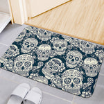 White Floral Sugar Skull Pattern Print Indoor Door Mat