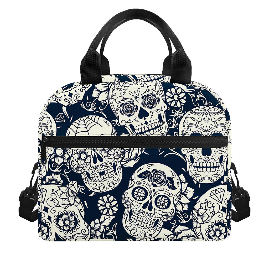 White Floral Sugar Skull Pattern Print Insulated Lunch Bag