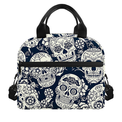 White Floral Sugar Skull Pattern Print Insulated Lunch Bag