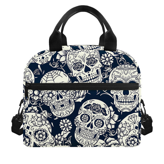 White Floral Sugar Skull Pattern Print Insulated Lunch Bag