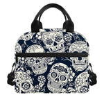 White Floral Sugar Skull Pattern Print Insulated Lunch Bag