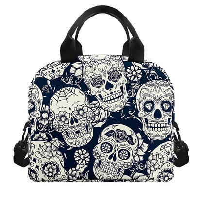 White Floral Sugar Skull Pattern Print Insulated Lunch Bag