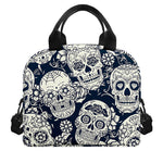 White Floral Sugar Skull Pattern Print Insulated Lunch Bag