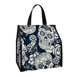 White Floral Sugar Skull Pattern Print Insulated Lunch Tote