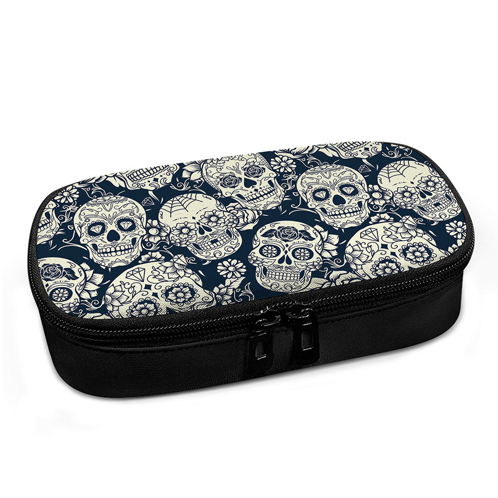 White Floral Sugar Skull Pattern Print Insulin Cooler Travel Case