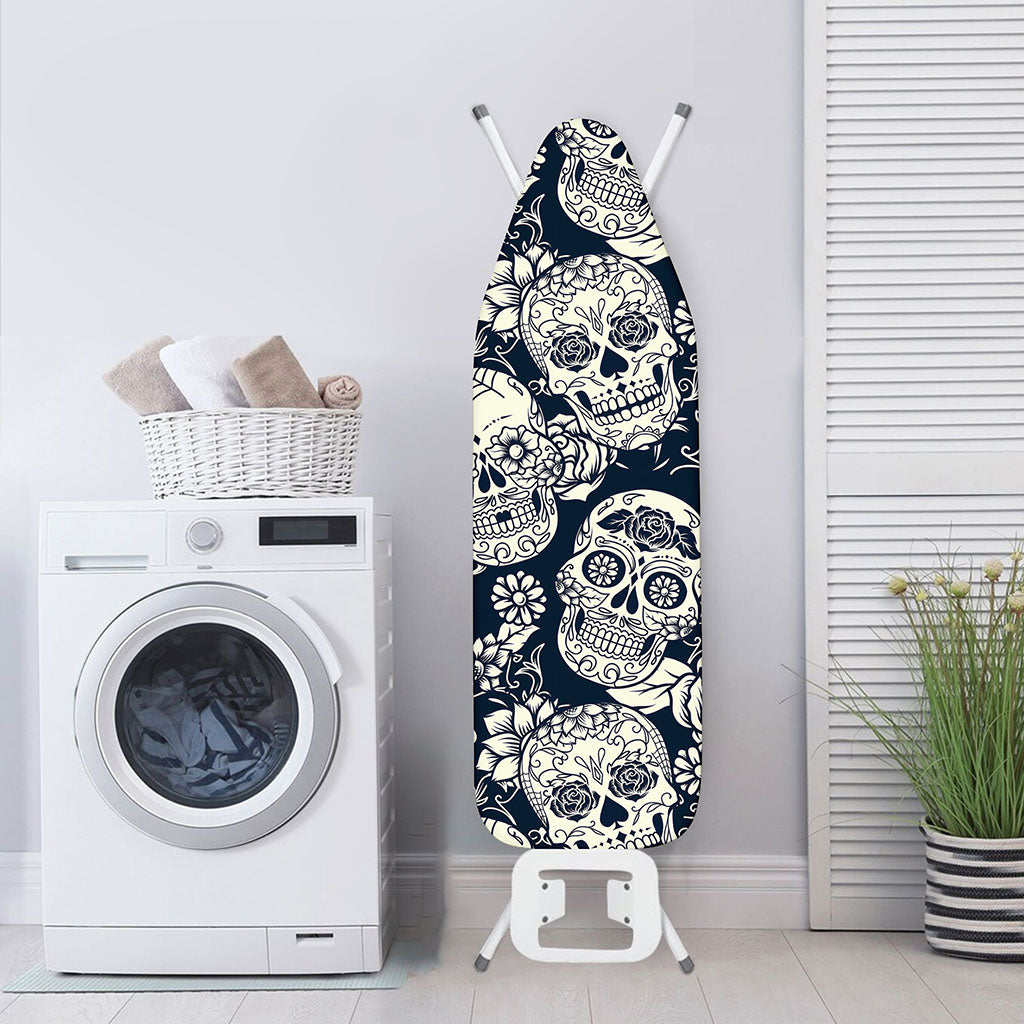 White Floral Sugar Skull Pattern Print Ironing Board Cover