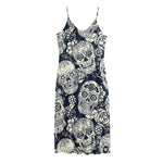 White Floral Sugar Skull Pattern Print Jersey Midi Cami Dress
