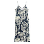 White Floral Sugar Skull Pattern Print Jersey Midi Cami Dress