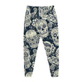 White Floral Sugar Skull Pattern Print Jogger Pants