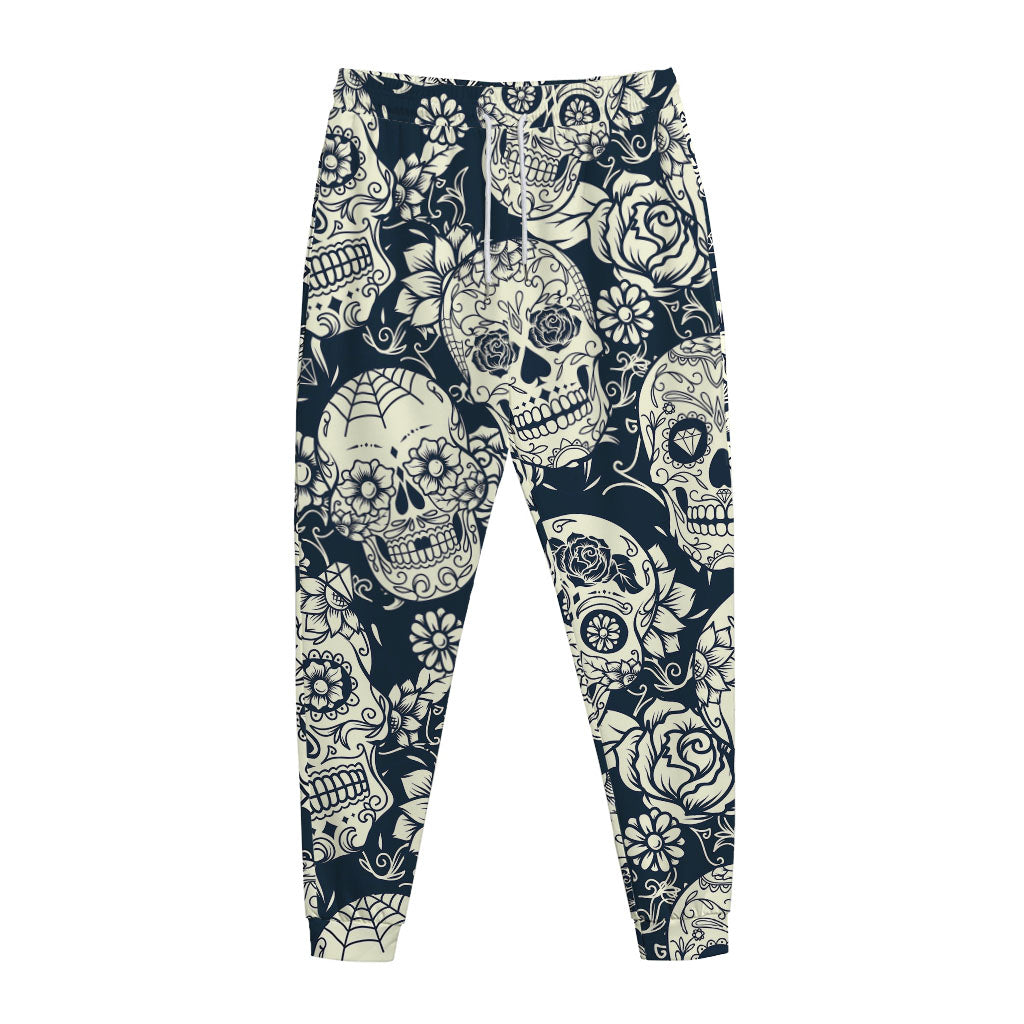 White Floral Sugar Skull Pattern Print Jogger Pants