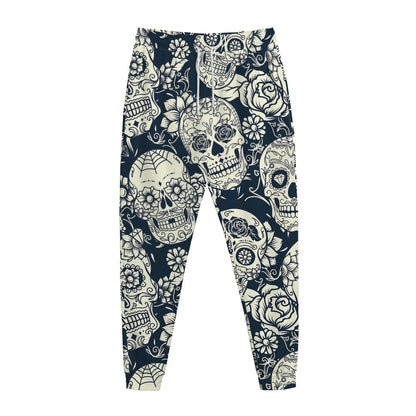 White Floral Sugar Skull Pattern Print Jogger Pants
