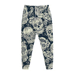 White Floral Sugar Skull Pattern Print Jogger Pants
