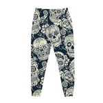 White Floral Sugar Skull Pattern Print Jogger Pants