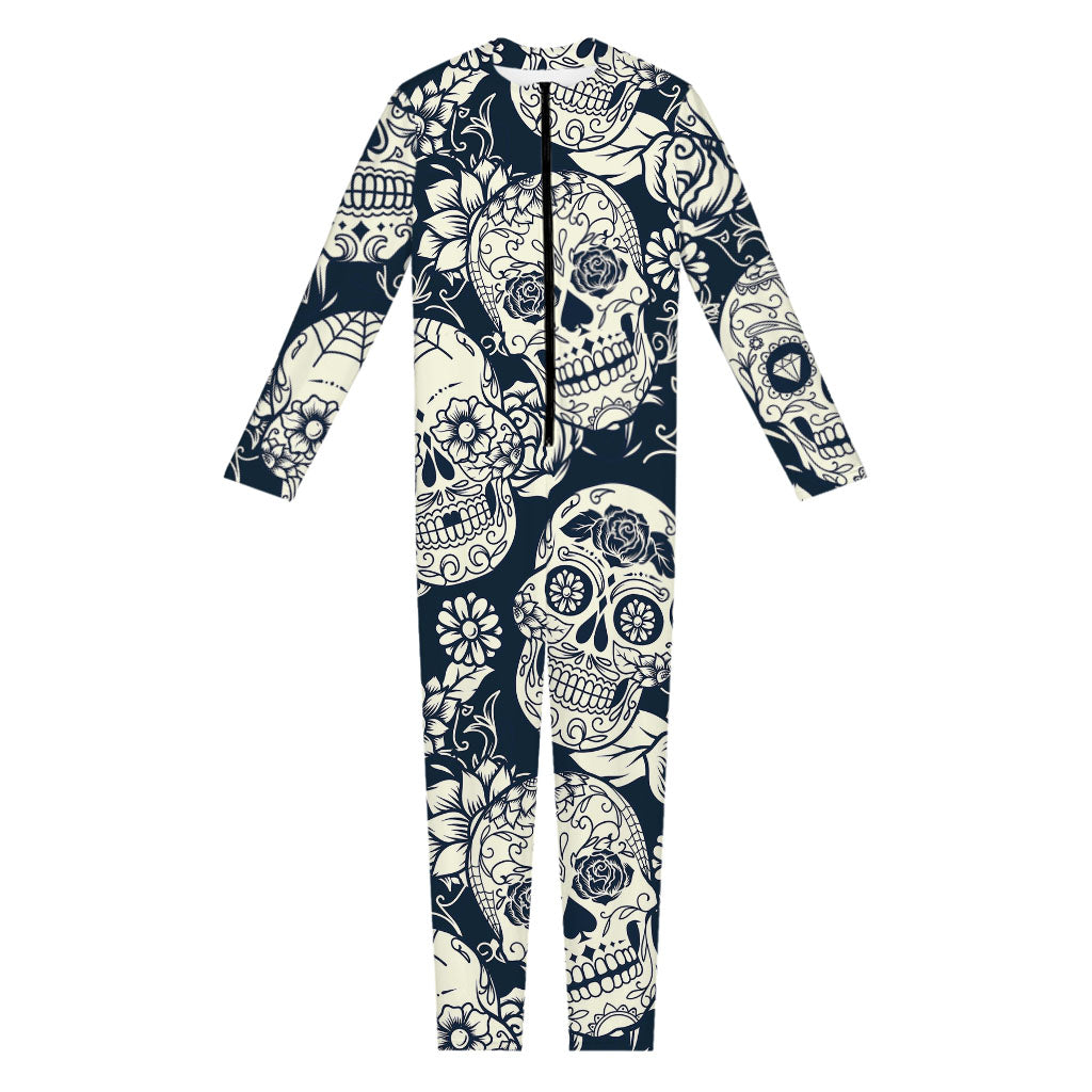 White Floral Sugar Skull Pattern Print Jumpsuit