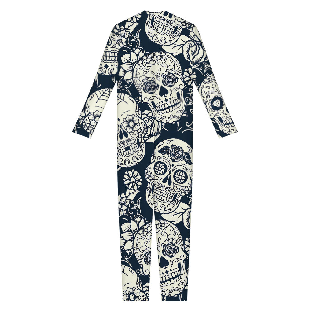 White Floral Sugar Skull Pattern Print Jumpsuit