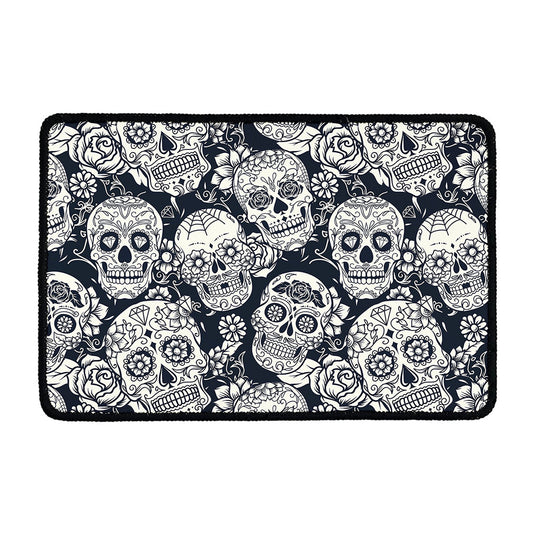 White Floral Sugar Skull Pattern Print Kitchen Mat