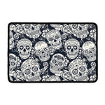 White Floral Sugar Skull Pattern Print Kitchen Mat