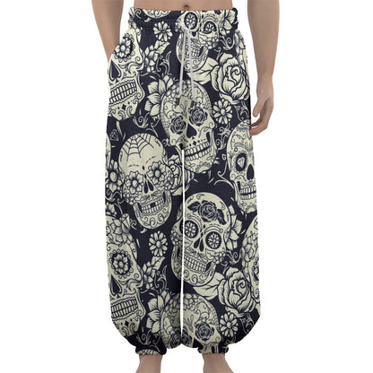 White Floral Sugar Skull Pattern Print Lantern Pants