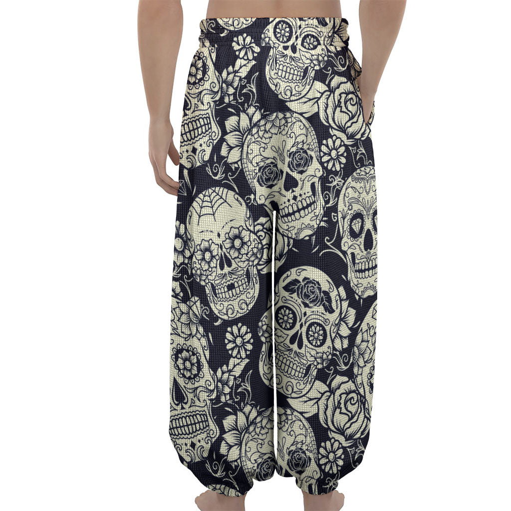 White Floral Sugar Skull Pattern Print Lantern Pants