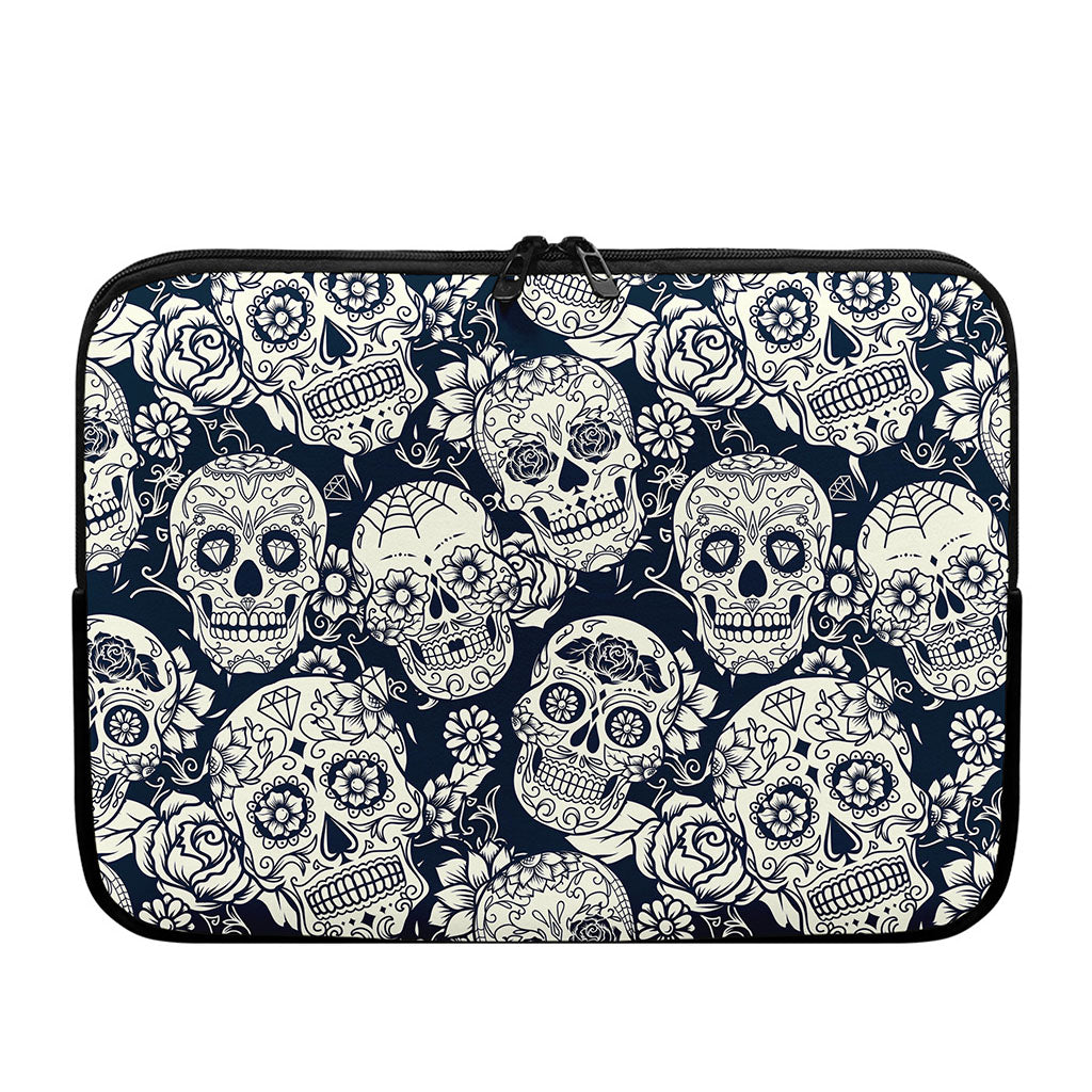 White Floral Sugar Skull Pattern Print Laptop Sleeve