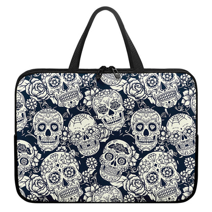 White Floral Sugar Skull Pattern Print Laptop Sleeve With Handle