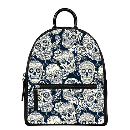 White Floral Sugar Skull Pattern Print Leather Backpack