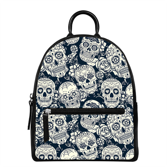 White Floral Sugar Skull Pattern Print Leather Backpack