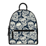 White Floral Sugar Skull Pattern Print Leather Backpack