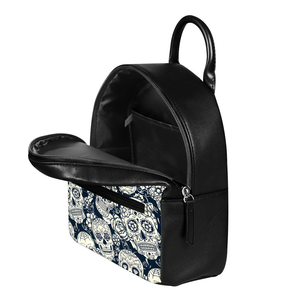 White Floral Sugar Skull Pattern Print Leather Backpack
