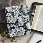 White Floral Sugar Skull Pattern Print Leather Bible Cover