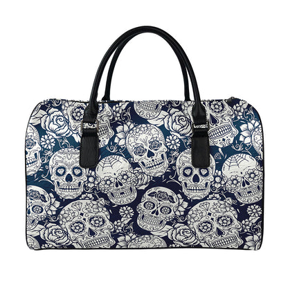 White Floral Sugar Skull Pattern Print Leather Duffle Bag