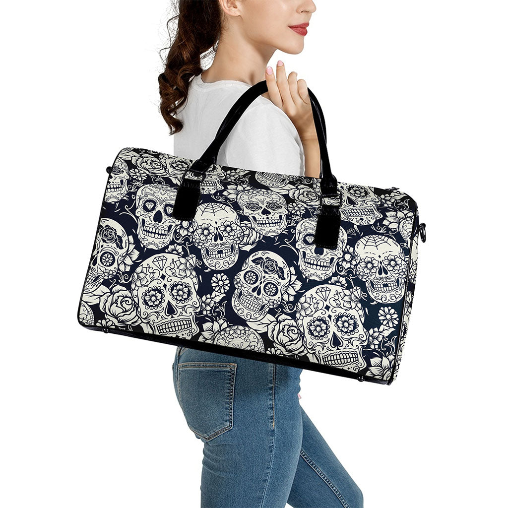 White Floral Sugar Skull Pattern Print Leather Duffle Bag