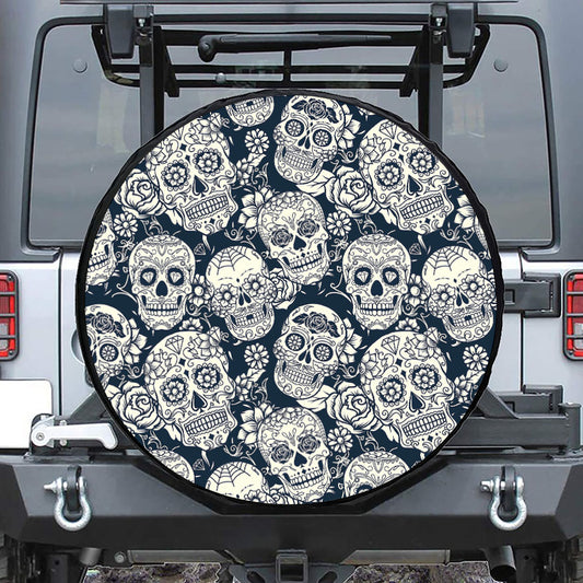 White Floral Sugar Skull Pattern Print Leather Spare Tire Cover