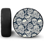 White Floral Sugar Skull Pattern Print Leather Spare Tire Cover