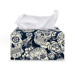 White Floral Sugar Skull Pattern Print Leather Tissue Box Cover