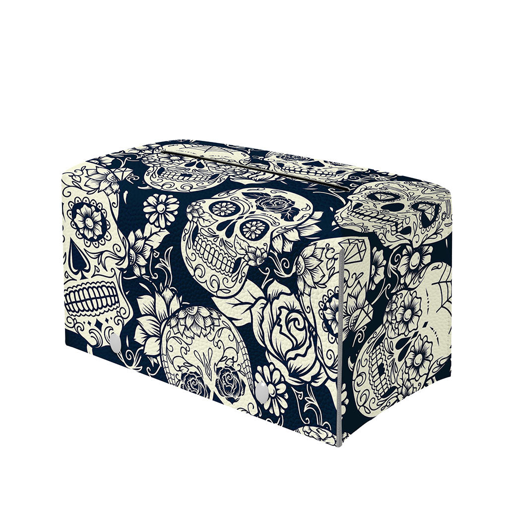White Floral Sugar Skull Pattern Print Leather Tissue Box Cover