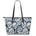 White Floral Sugar Skull Pattern Print Leather Tote Bag With Zipper