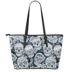 White Floral Sugar Skull Pattern Print Leather Tote Bag
