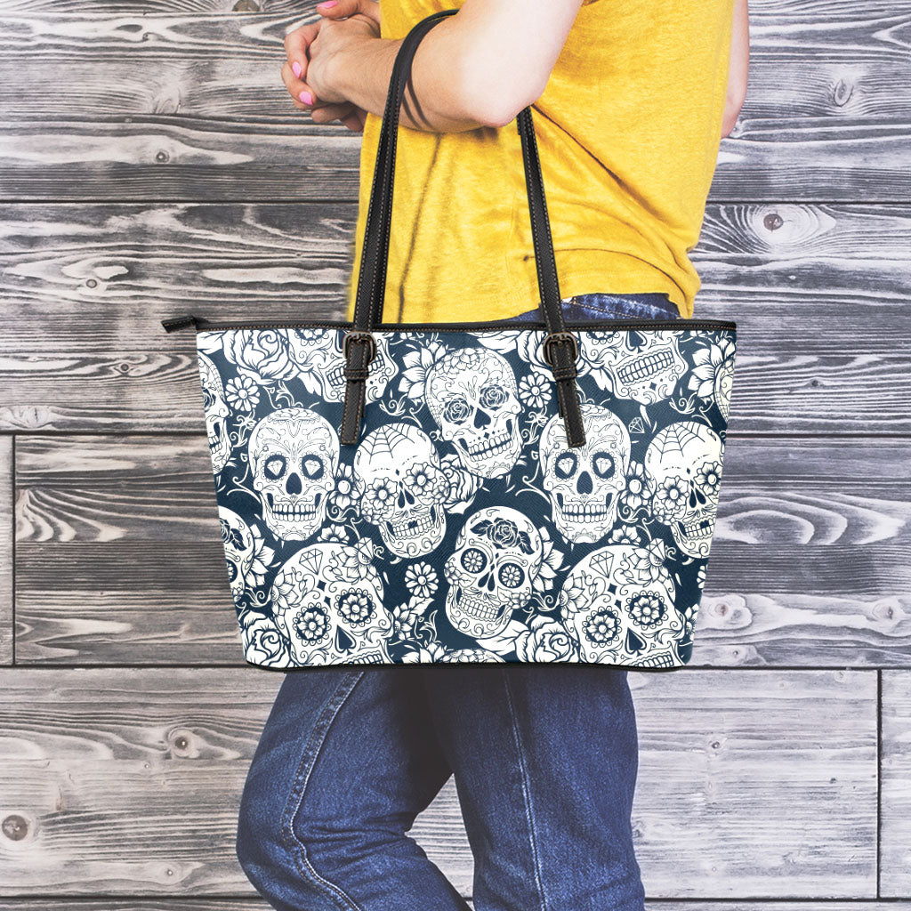 White Floral Sugar Skull Pattern Print Leather Tote Bag