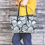 White Floral Sugar Skull Pattern Print Leather Tote Bag