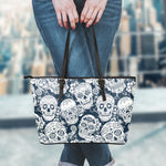 White Floral Sugar Skull Pattern Print Leather Tote Bag